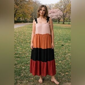 Blu Pepper Pink and Orange Tiered Midi Dress